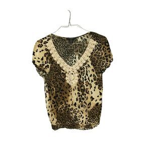 Sunny Taylor Petite Leopard V-Neck Women's Top Brown Cream